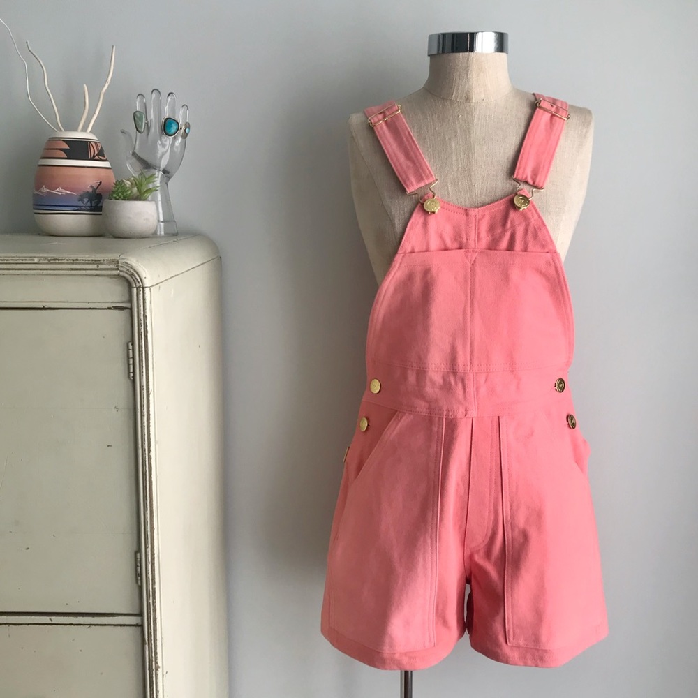 BIG BUD PRESS Flamingo Pink Denim Overall Shorts NWOT Shortalls XXS - Picture 1 of 16